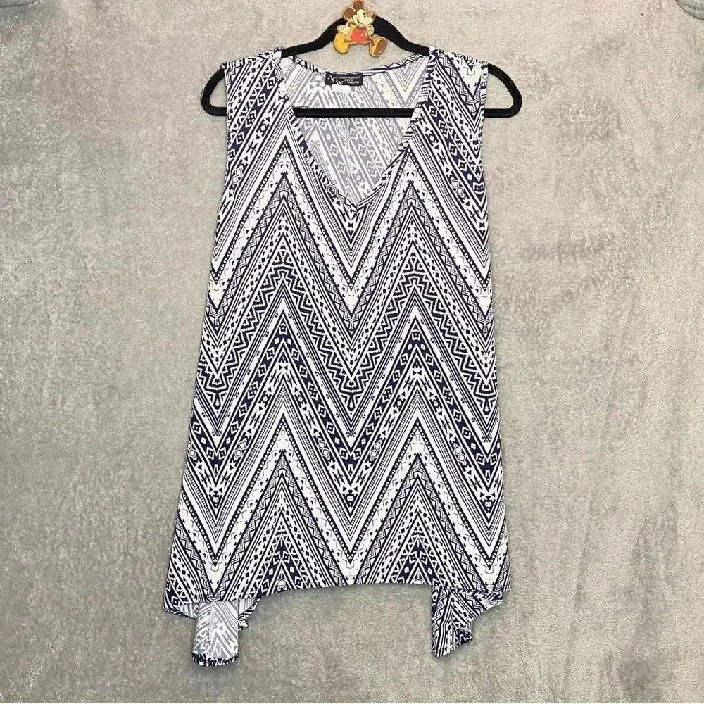 American City Wear 3X Top Shirt Blue Geometric V Neck Sleeveless Asymmetrical